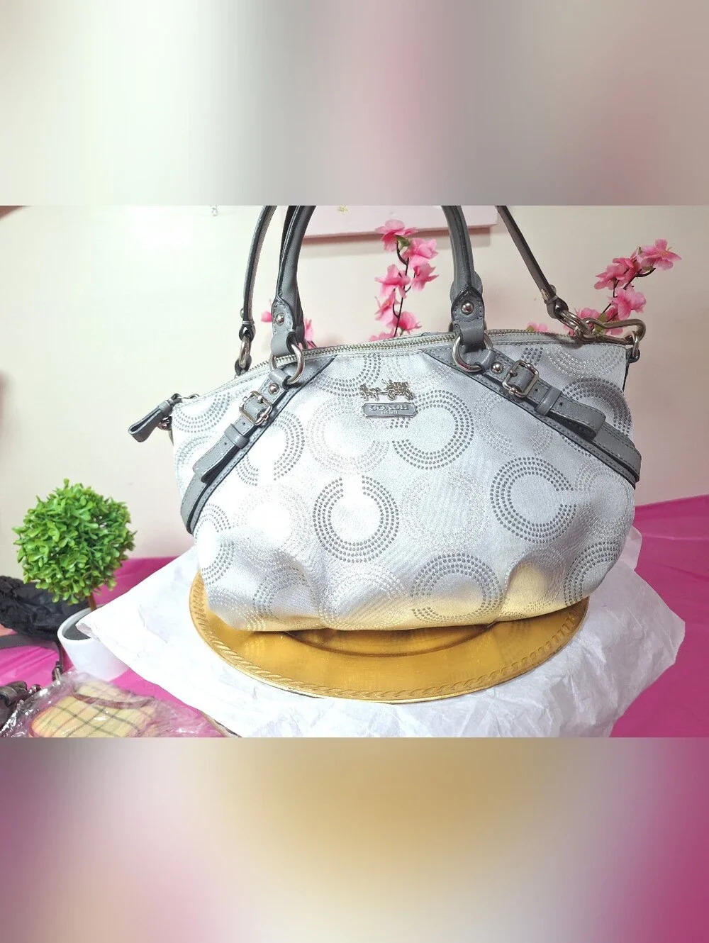 Coach Metallic Silver Signature Circle Shoulder Bag